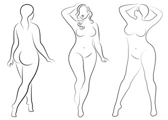 Vector illustration of overweight woman silhouettes. Black and white, differrent poses