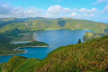 Naklejka na ściany i meble Beautiful Landscape View to the Fogo Lagoon, Sao Miguel Island, Azores Portugal