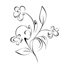 three stylized flowers on stems with leaves and curls on a white background