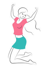 Silhouette of a sweet lady. The lady is happy, jumping for joy, raised her hands. The woman is young and slim. Vector illustration