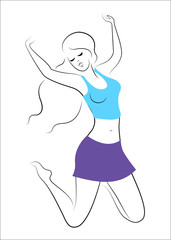 Silhouette of a sweet lady. The lady is happy, jumping for joy, raised her hands. The woman is young and slim. Vector illustration