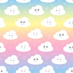 Children seamless pattern with cute clouds, stars on a multicolored background. vector illustration baby seamless pattern