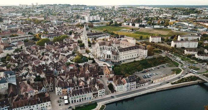 Aerial view of Auxerre cityscape with Abbey of Saint-Germain, Burgundy, France