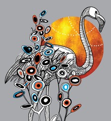 Naklejki  Stylowa ilustracja z flamingiem na tle złotego słońca. Pocztówka, nadruk na koszulce. Kolorystyka medytacyjna z wieloma szczegółami. Rysunek wektorowy.