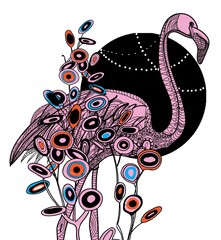 Fototapety  Stylish illustration with flamingo on the background of the golden sun. Postcard, print on the shirt. Meditative coloring with many details. Vector drawing.