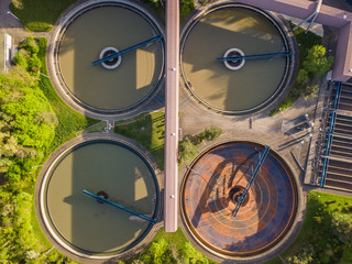 Aerial view of circular tank in wastewater treatment plant