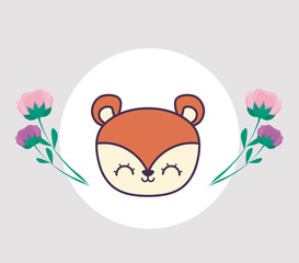 head of cute fox in frame circular with flowers