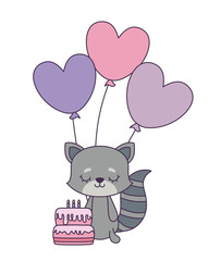 cute cat with cake of birthday and balloons helium
