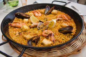Paella with fish and seafood