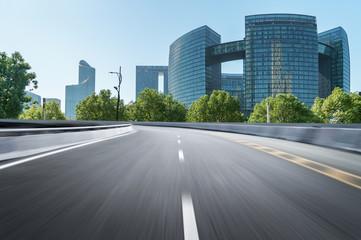 Empty road floor surface with modern city landmark buildings of hangzhou bund Skyline,zhejiang,china