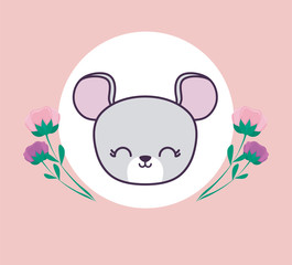 head of cute mouse in frame circular with flowers