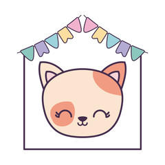 head of cute cat in frame with garlands hanging