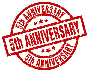 5th anniversary round red grunge stamp
