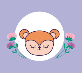 head of cute monkey in frame circular with flowers