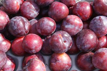 Full frame fresh plums on display in a market