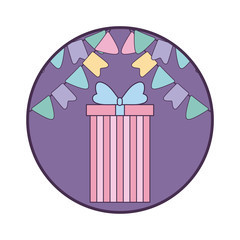 gift box present in frame circular with garlands hanging