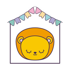 head of cute lion in frame with garlands hanging