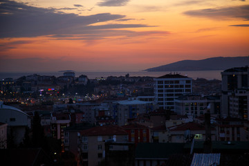 beautiful sunset on the sea of Marmara. sunset view and residential buildings of Istanbul