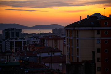beautiful sunset on the sea of Marmara. sunset view and residential buildings of Istanbul