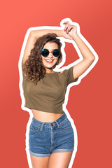 Collage of young woman in sunglasses with hands up relaxing isolated on coral background