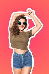 Collage of young woman in sunglasses with hands up relaxing isolated on coral background