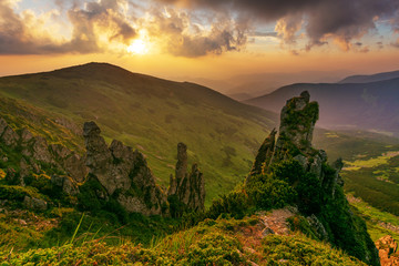 Naklejka na ściany i meble Landscape with the Ukrainian Carpathian Mountains in the summer warm season