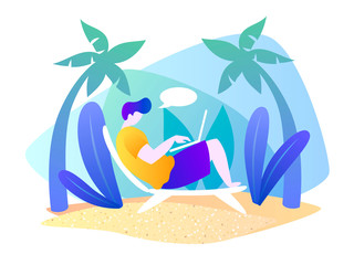 A man with a laptop is resting on a tropical island. Beach vacation. Summer cartoon vector illustration. Isolated. Freelance. EPS 10.