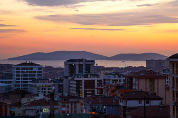 beautiful sunset on the sea of Marmara. sunset view and residential buildings of Istanbul
