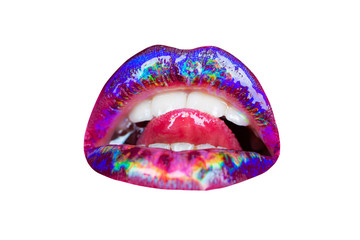 Colored lips on a white background. Lips with lipstick and teeth. Female mouth. Sexy kiss. Rainbow cosmetics. Seductive tongue in the mouth. Woman style icon.