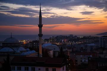beautiful sunset on the sea of Marmara. sunset view and residential buildings of Istanbul