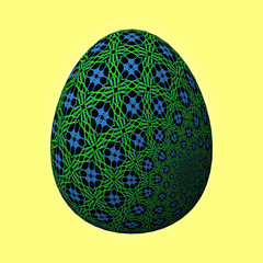 Happy Easter - Frohe Ostern, Artfully designed and colorful easter egg, 3D illustration on yellow background