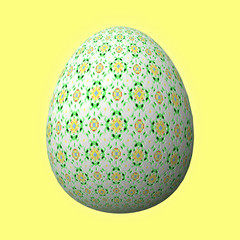 Happy Easter - Frohe Ostern, Artfully designed and colorful easter egg, 3D illustration on yellow background
