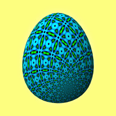 Happy Easter - Frohe Ostern, Artfully designed and colorful easter egg, 3D illustration on yellow background