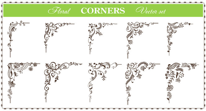 Calligraphic floral frame and page corners set. Vector illustration. Vector of decorative vertical element, border and frame.