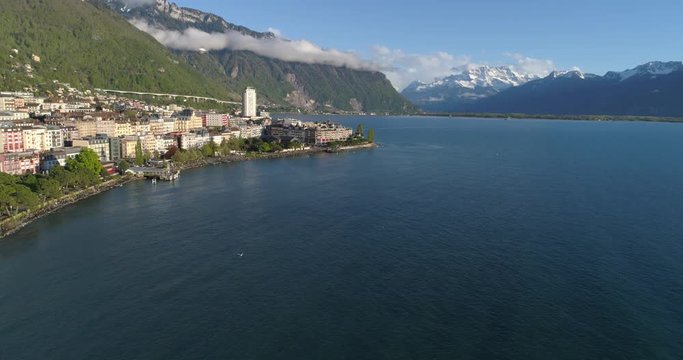 Flying with birds over Montreux - Aerial 4K