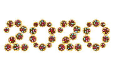 colorful cookies glaze, christmas new year 2020, white background isolated
