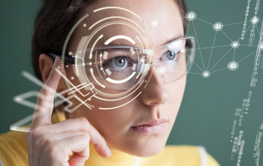 Woman in glasses with virtual screen