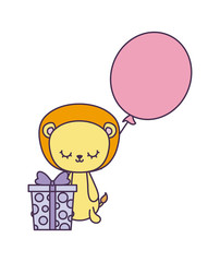 cute lion with gift box and balloon helium