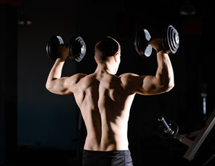 Fototapeta na wymiar Portrait of Young Sportsman Lifting Heavy Dumbbells in Gym. Fitness and Healthy Lifestyle Concept. Dramatic Lighting