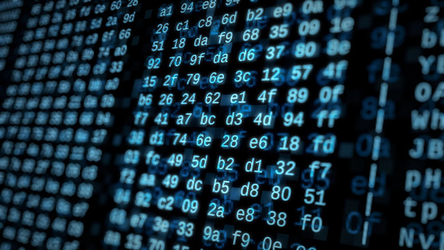 close up view of a computer screen with hexadecimal code, concept of hacking, internet, big data, software developing (3d render)