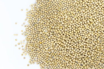 Closeup of soy beans on white background, selective focus (detailed close-up shot) 