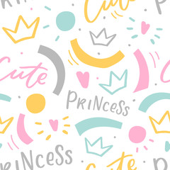 Cute seamless pattern with lettering cute princess for print, textile, decor. Kids girl background with crown.