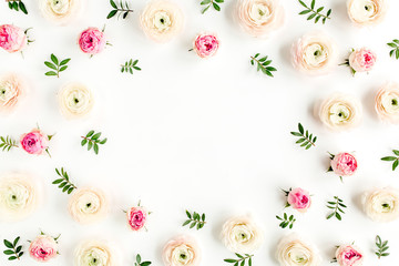 Fototapeta na wymiar Floral background frame made of pink ranunculus and roses flower buds on white background. Flat lay, top view floral background.