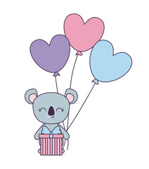 cute koala with gift box and balloons helium