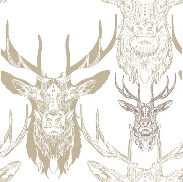 Seamless pattern with deers. Doodling, mandala. Drawing manually. Stylish background. Big horns, noble animal.