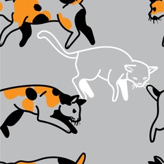 Seamless pattern with cats. Short-tailed cats in flowers. Japanese Bobtail. Stylish children's pattern. Youth, summer.