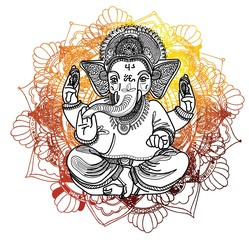 Fototapeta na wymiar Ganesha is a god. The head of an elephant. Indian deity, religious symbol. Drawing by hand.
