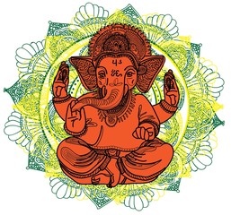Fototapeta na wymiar Ganesha is a god. The head of an elephant. Indian deity, religious symbol. Drawing by hand.