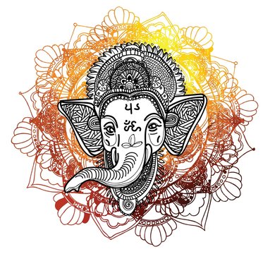 Ganesha is a god. The head of an elephant. Indian deity, religious symbol. Drawing by hand.