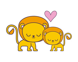 couple of cute lion animal isolated icon